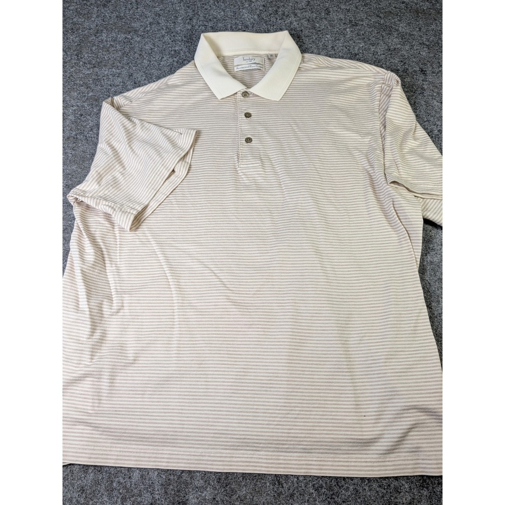Turnbury Mens XL Polo Shirt Mercerized Pima Cotton Tan Cream Striped Short Slv
